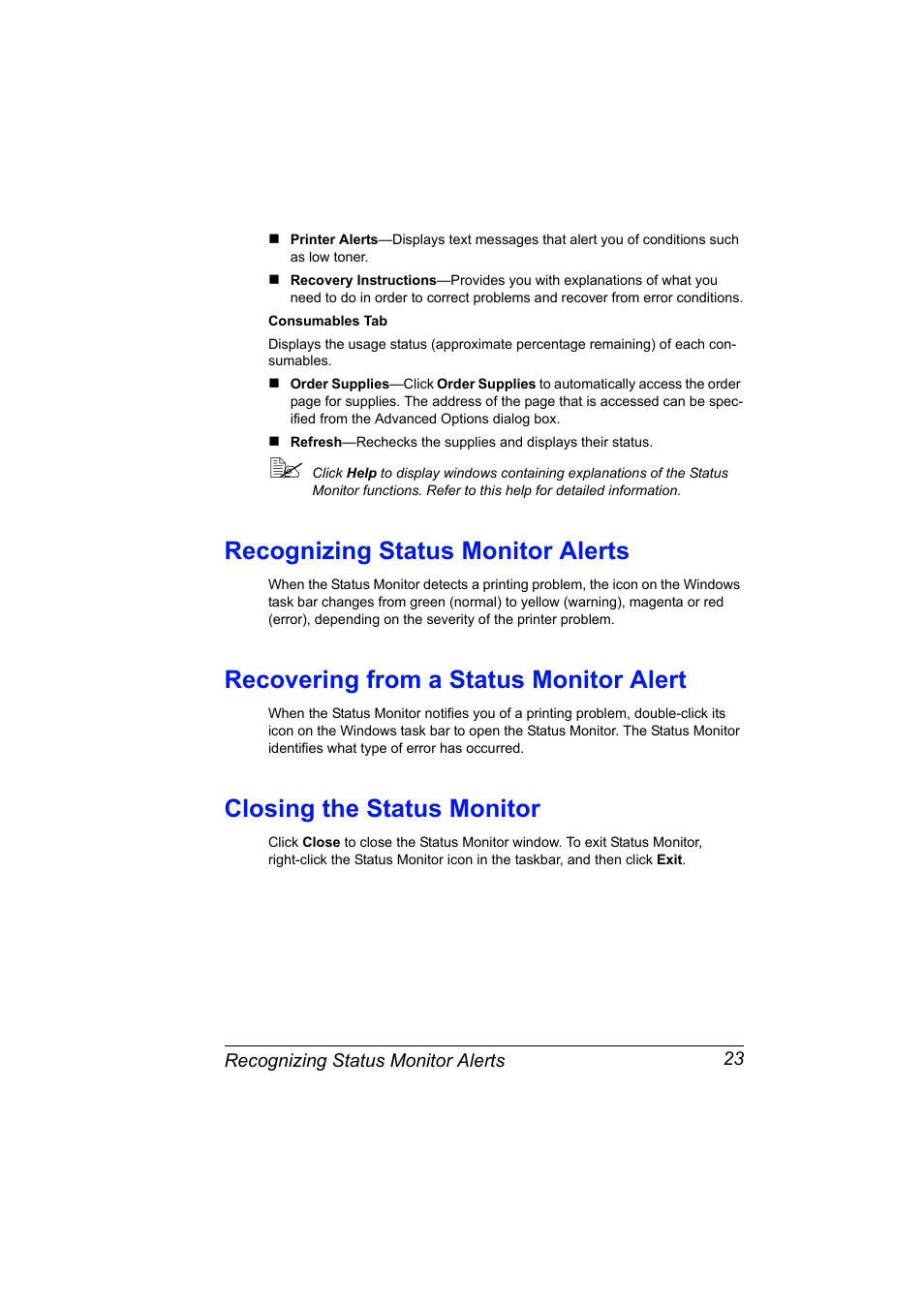 Recognizing status monitor alerts, Recovering from a status monitor alert, Closing the status monitor | Konica Minolta PagePro 4650EN User Manual | Page 37 / 260