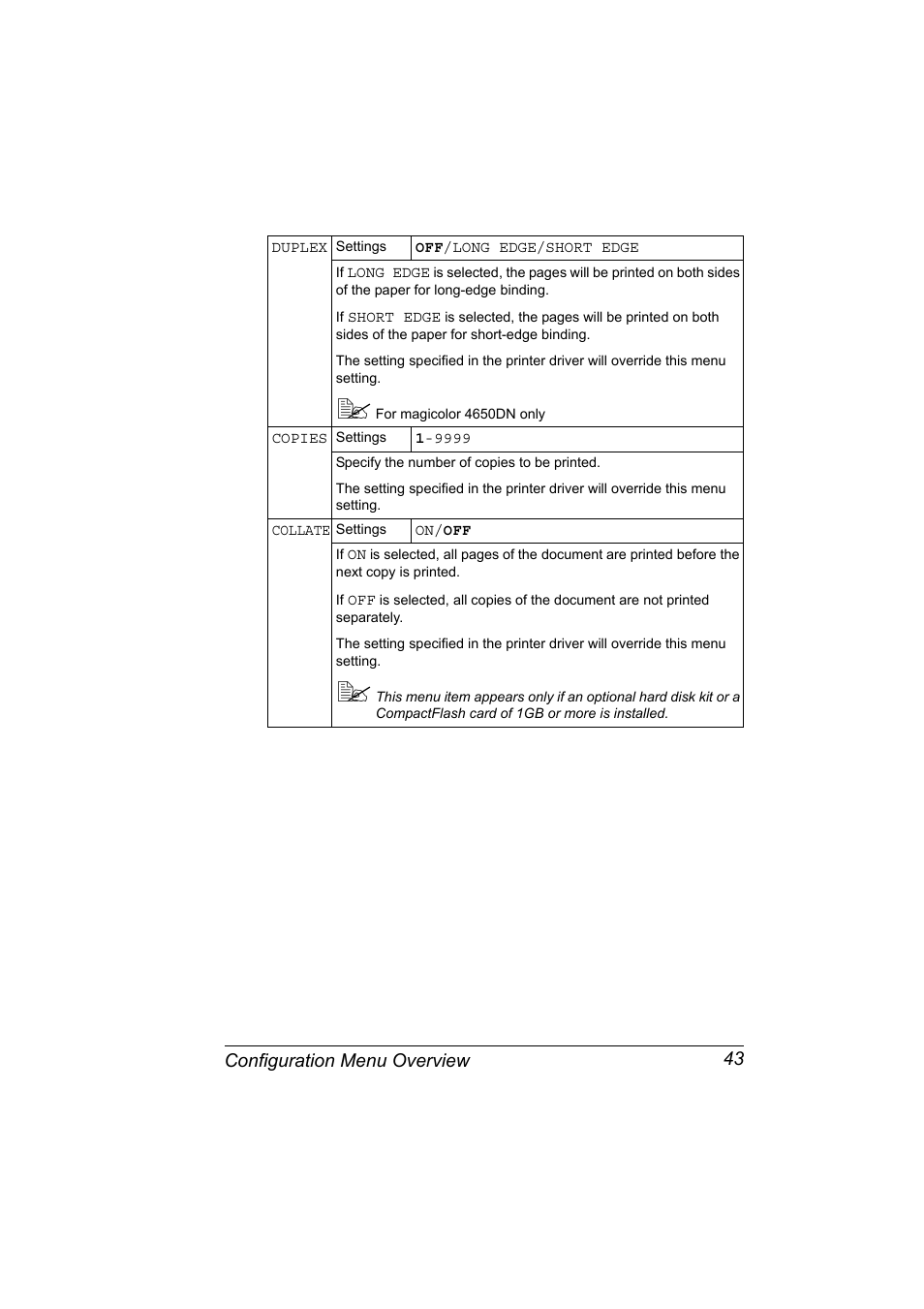 Configuration menu overview 43 | Konica Minolta PagePro 4650EN User Manual | Page 57 / 260