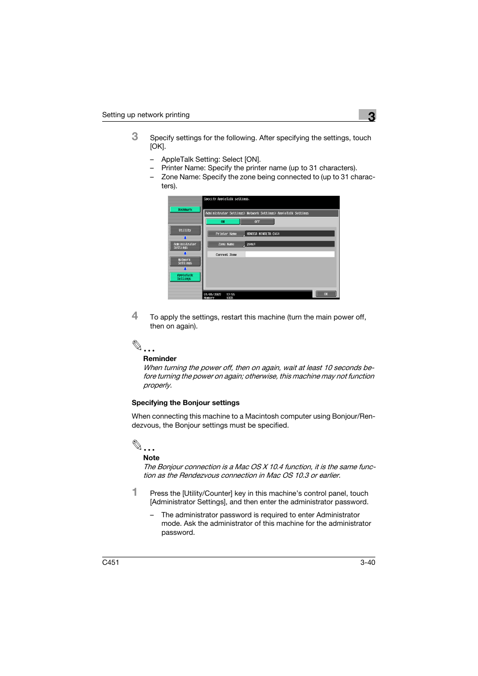 Specifying the bonjour settings, Specifying the bonjour settings -40 | Konica Minolta BIZHUP C451 User Manual | Page 113 / 410