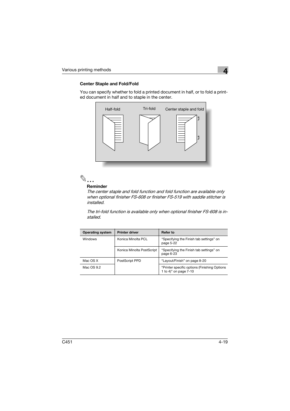 Center staple and fold/fold, Center staple and fold/fold -19 | Konica Minolta BIZHUP C451 User Manual | Page 134 / 410