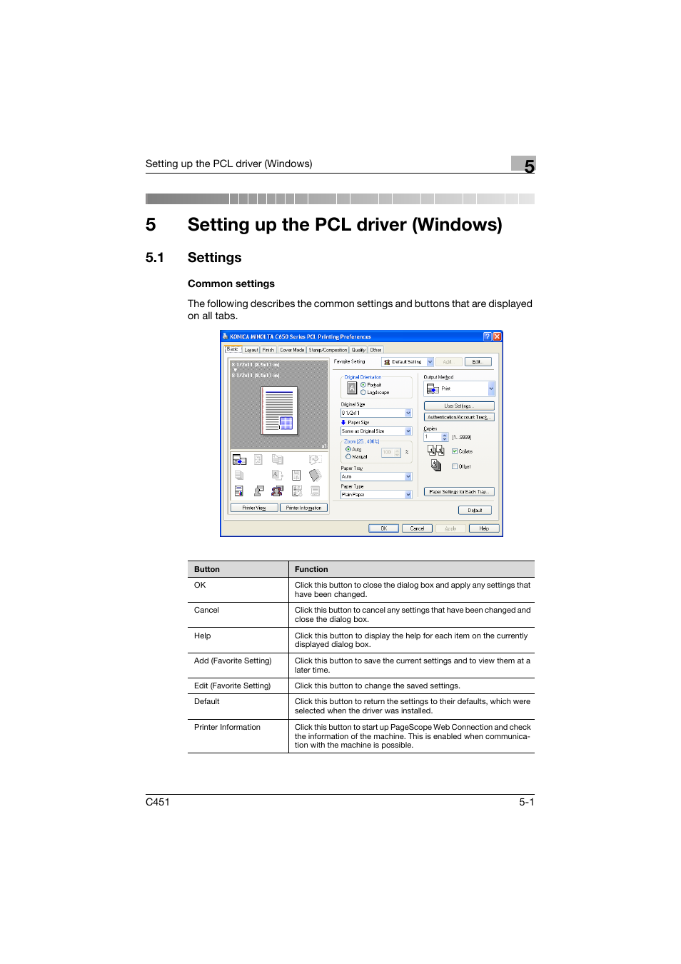 5 setting up the pcl driver (windows), 1 settings, Common settings | Setting up the pcl driver (windows), Settings -1, Common settings -1, 5setting up the pcl driver (windows) | Konica Minolta BIZHUP C451 User Manual | Page 144 / 410