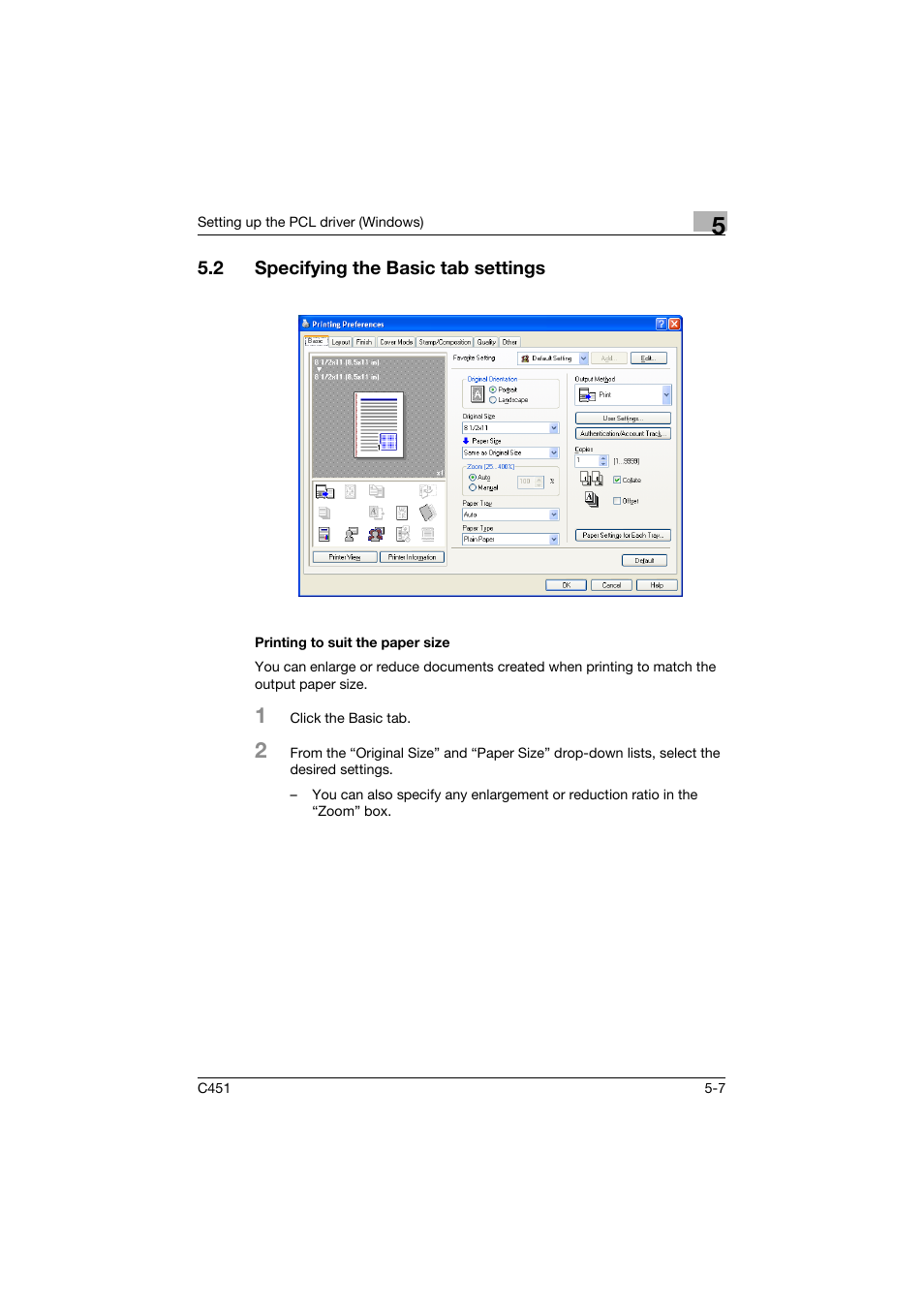 2 specifying the basic tab settings, Printing to suit the paper size, Specifying the basic tab settings -7 | Printing to suit the paper size -7 | Konica Minolta BIZHUP C451 User Manual | Page 150 / 410