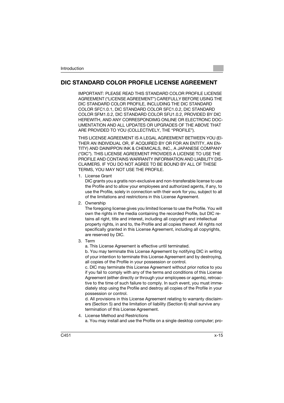 Dic standard color profile license agreement | Konica Minolta BIZHUP C451 User Manual | Page 16 / 410