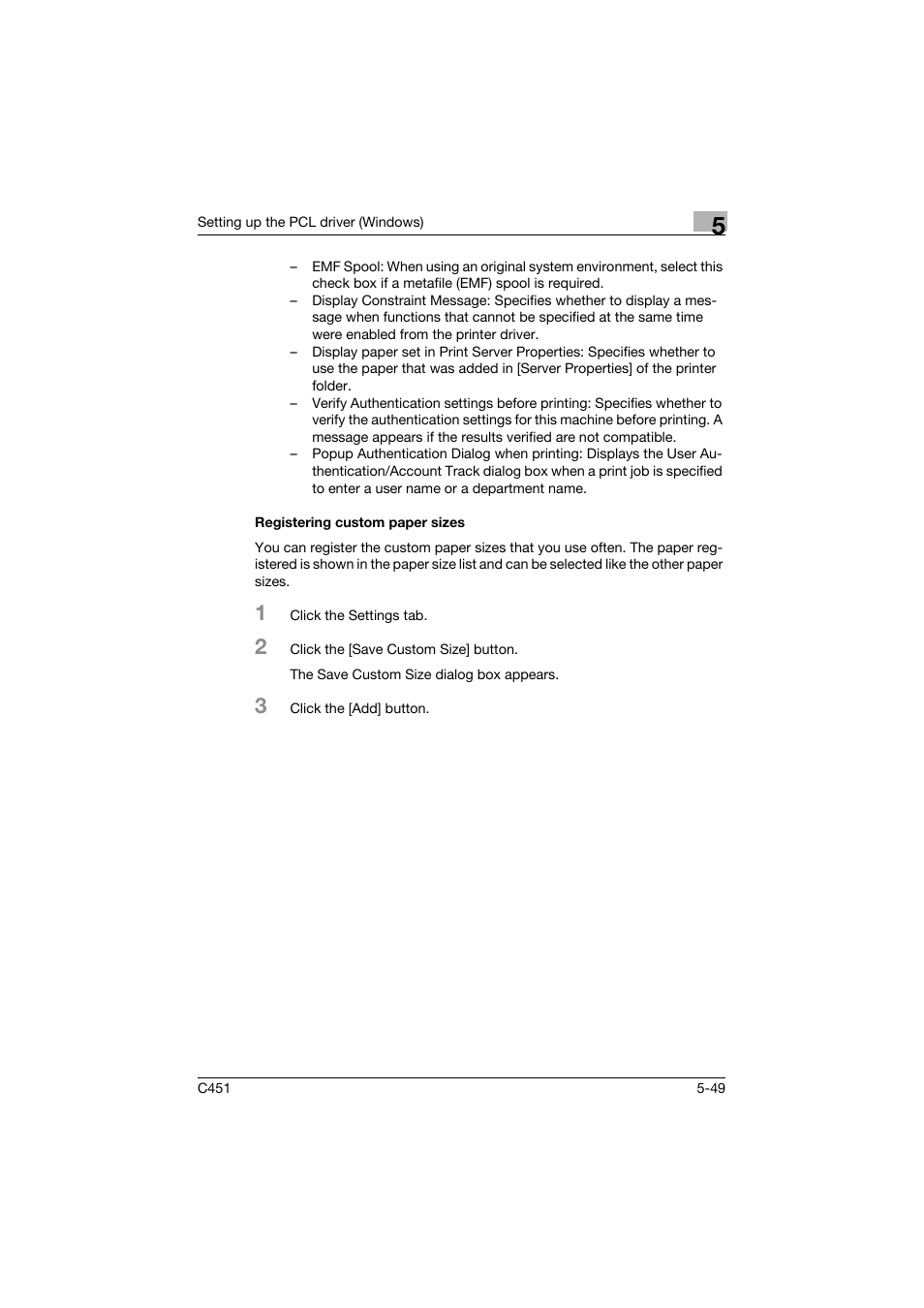 Registering custom paper sizes, Registering custom paper sizes -49 | Konica Minolta BIZHUP C451 User Manual | Page 192 / 410