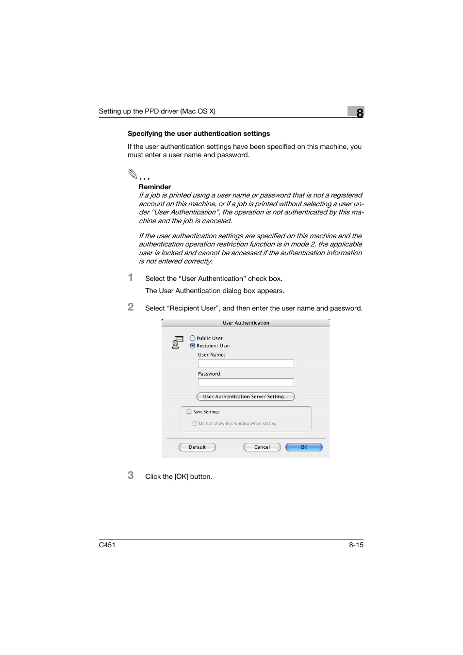 Specifying the user authentication settings, Specifying the user authentication settings -15 | Konica Minolta BIZHUP C451 User Manual | Page 282 / 410