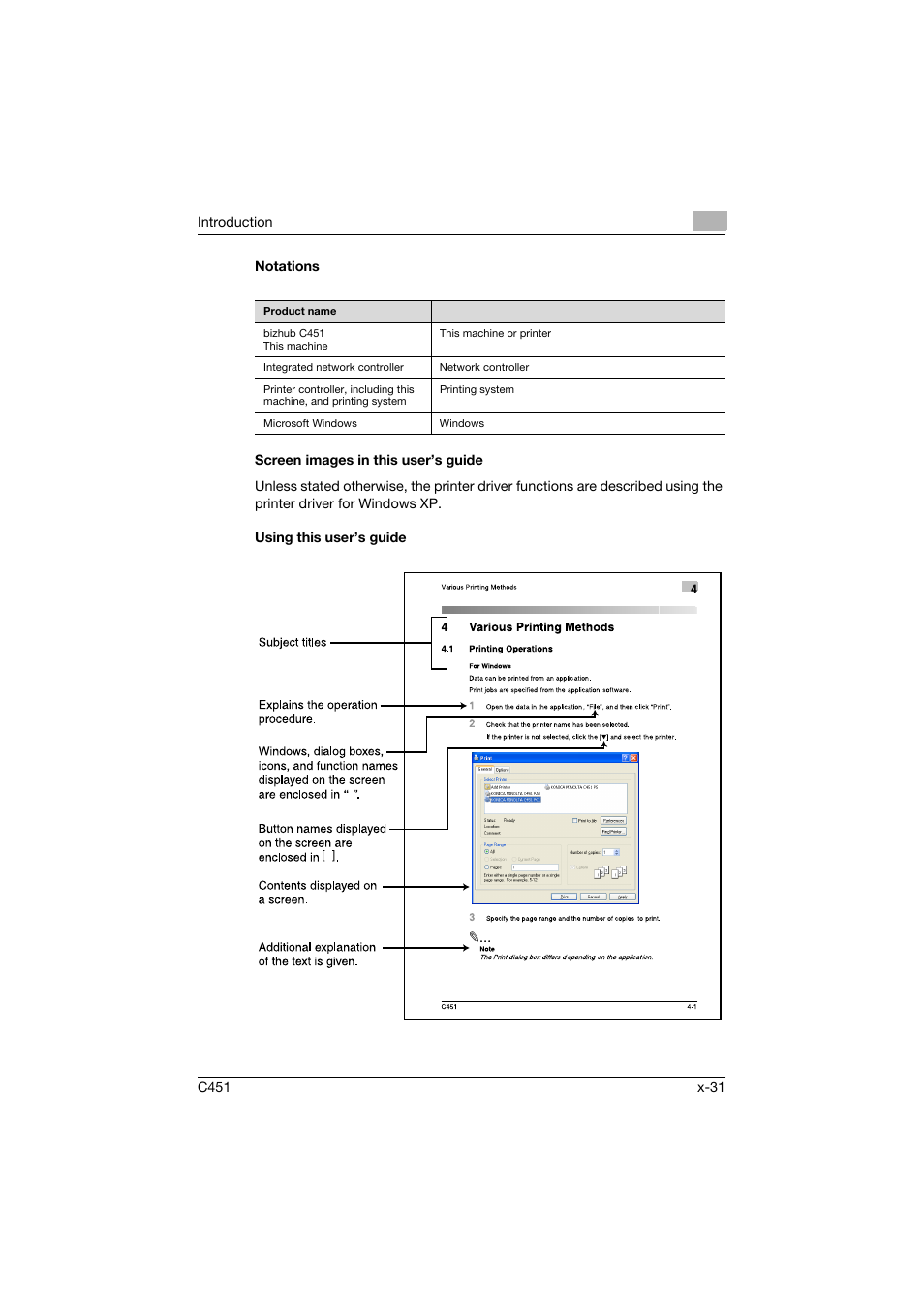 Notations, Screen images in this user’s guide, Using this user’s guide | Konica Minolta BIZHUP C451 User Manual | Page 32 / 410