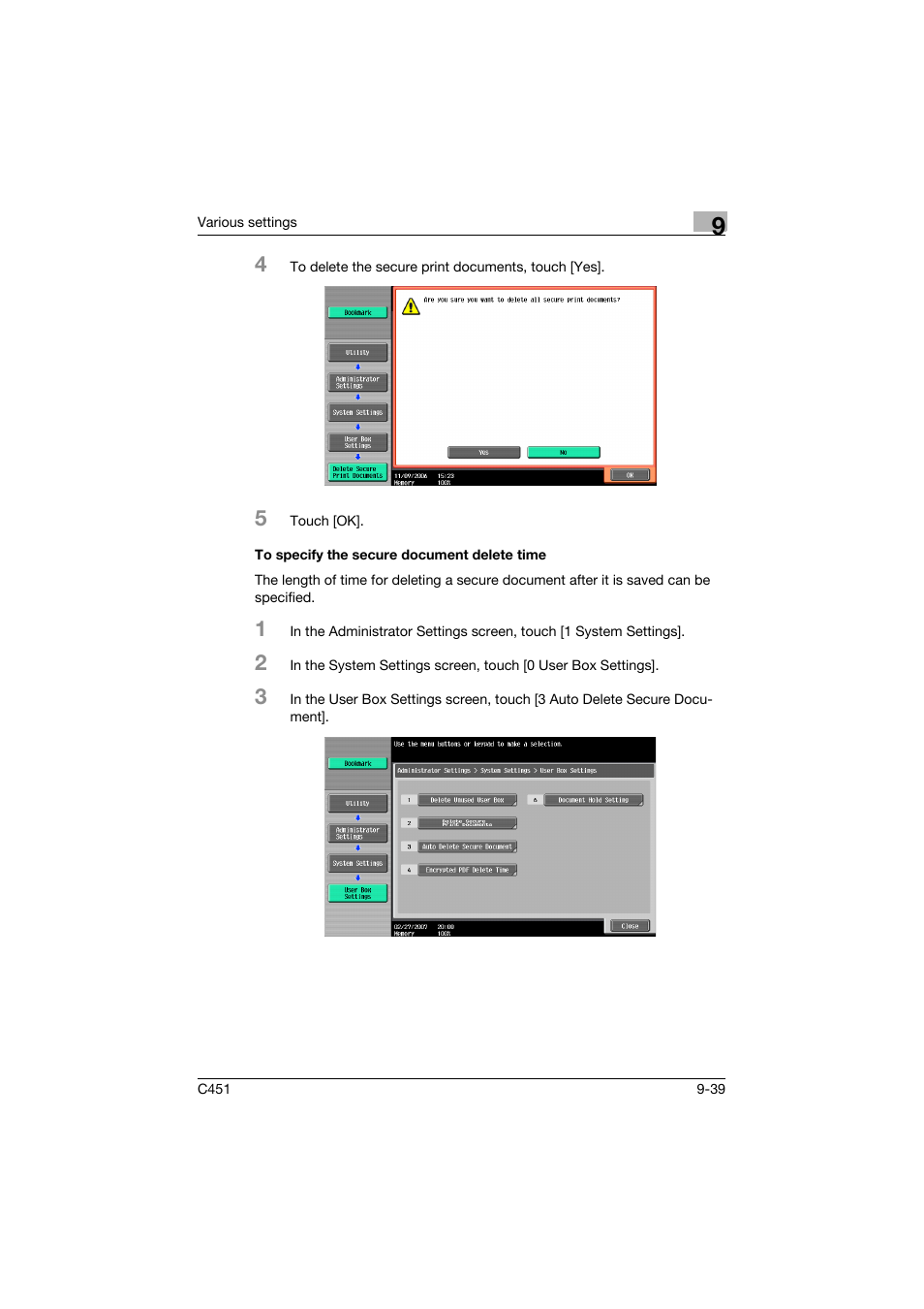 To specify the secure document delete time, To specify the secure document delete time -39 | Konica Minolta BIZHUP C451 User Manual | Page 350 / 410