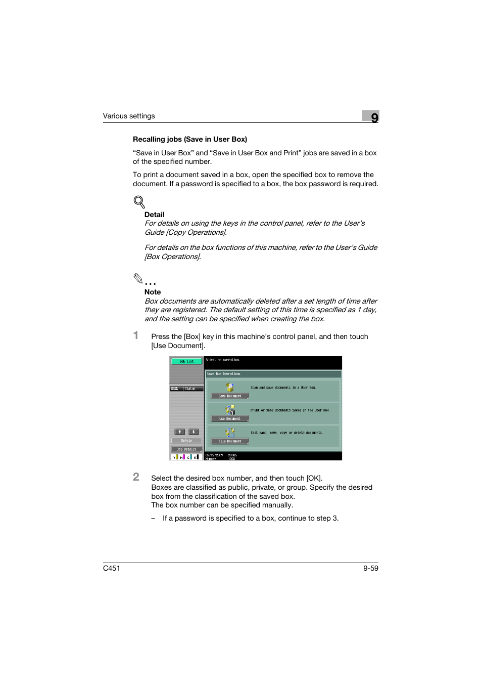 Recalling jobs (save in user box), Recalling jobs (save in user box) -59 | Konica Minolta BIZHUP C451 User Manual | Page 370 / 410