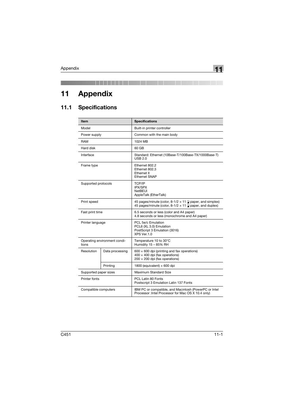 11 appendix, 1 specifications, Specifications -1 | Konica Minolta BIZHUP C451 User Manual | Page 392 / 410