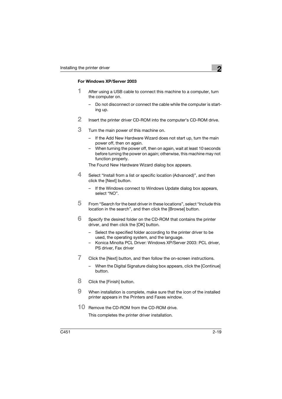 For windows xp/server 2003, For windows xp/server 2003 -19 | Konica Minolta BIZHUP C451 User Manual | Page 62 / 410