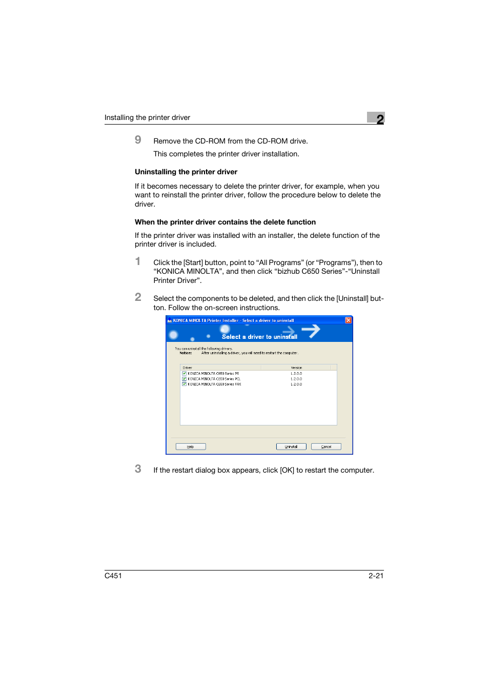 Uninstalling the printer driver | Konica Minolta BIZHUP C451 User Manual | Page 64 / 410