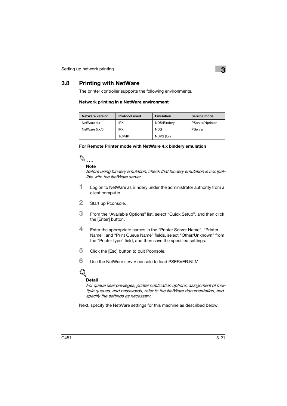 8 printing with netware, Network printing in a netware environment, Printing with netware -21 | Konica Minolta BIZHUP C451 User Manual | Page 94 / 410