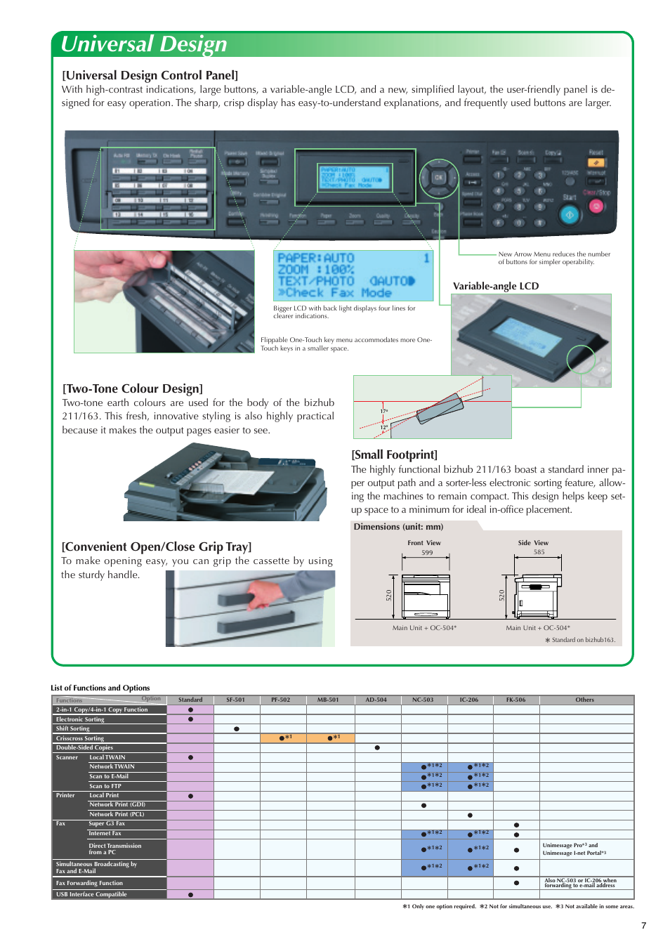 Universal design, Small footprint, Convenient open/close grip tray | Universal design control panel, Two-tone colour design, Variable-angle lcd | Konica Minolta digital MFPs equipped with copy User Manual | Page 7 / 8