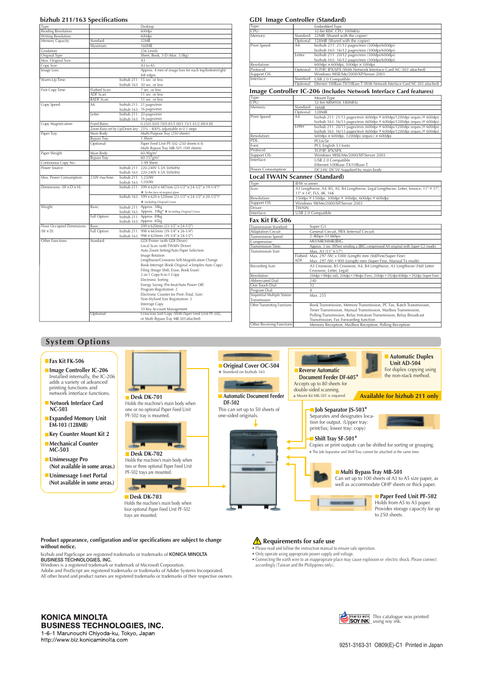 System options, Desk dk-701, Job separator js-503 | Multi bypass tray mb-501, Desk dk-702, Gdi image controller (standard), Local twain scanner (standard), Image controller ic-206, Automatic duplex unit ad-504, Paper feed unit pf-502 | Konica Minolta digital MFPs equipped with copy User Manual | Page 8 / 8