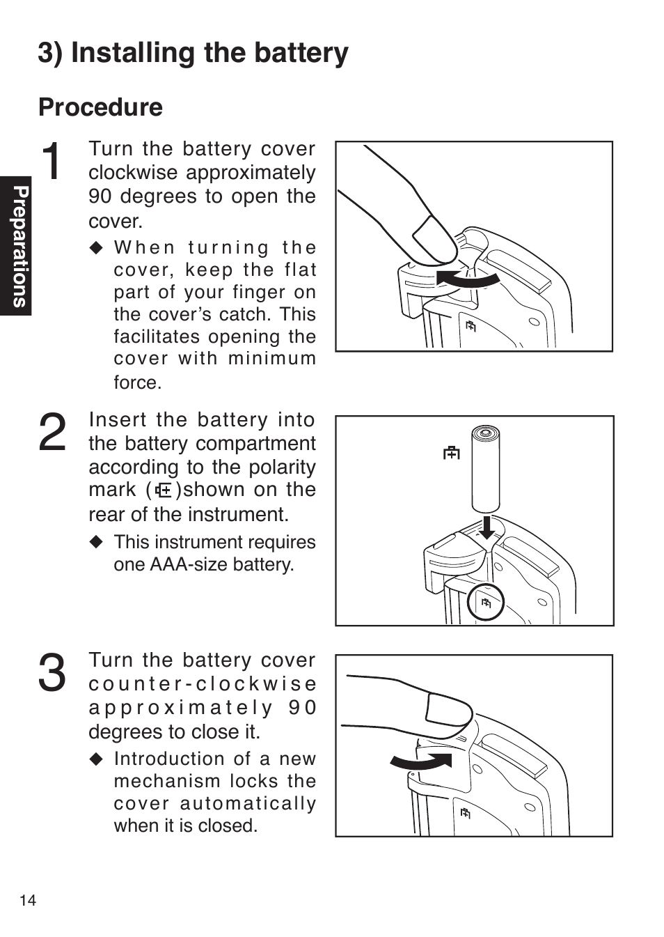3) installing the battery, Procedure | Konica Minolta PULSOX 300 User Manual | Page 16 / 32