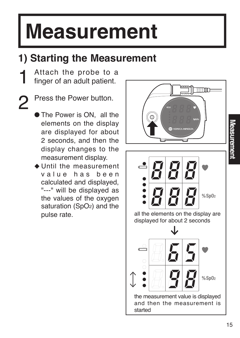 Measurement, 1) starting the measurement | Konica Minolta PULSOX 300 User Manual | Page 17 / 32