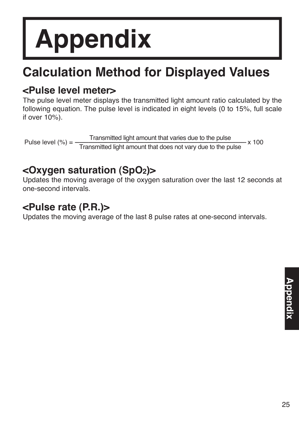 Appendix, Calculation method for displayed values | Konica Minolta PULSOX 300 User Manual | Page 27 / 32