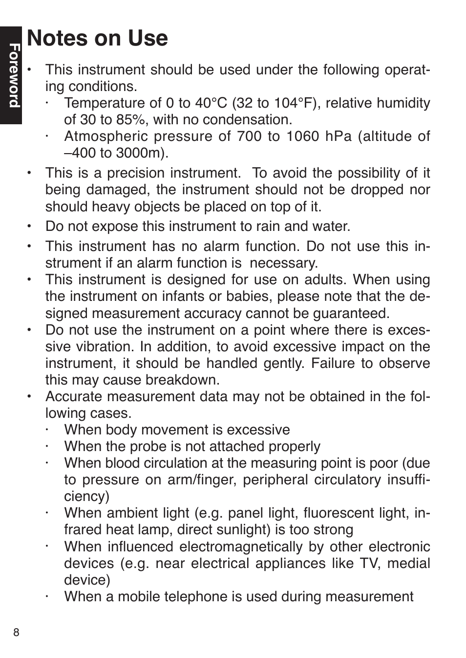 Notes on use | Konica Minolta Oxegen Saturation Monitor PULSOX-300 User Manual | Page 10 / 32