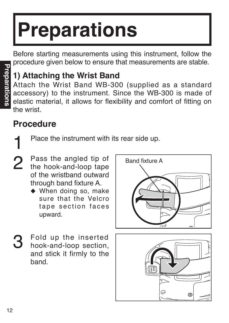 Preparations, 1) attaching the wrist band | Konica Minolta Oxegen Saturation Monitor PULSOX-300 User Manual | Page 14 / 32