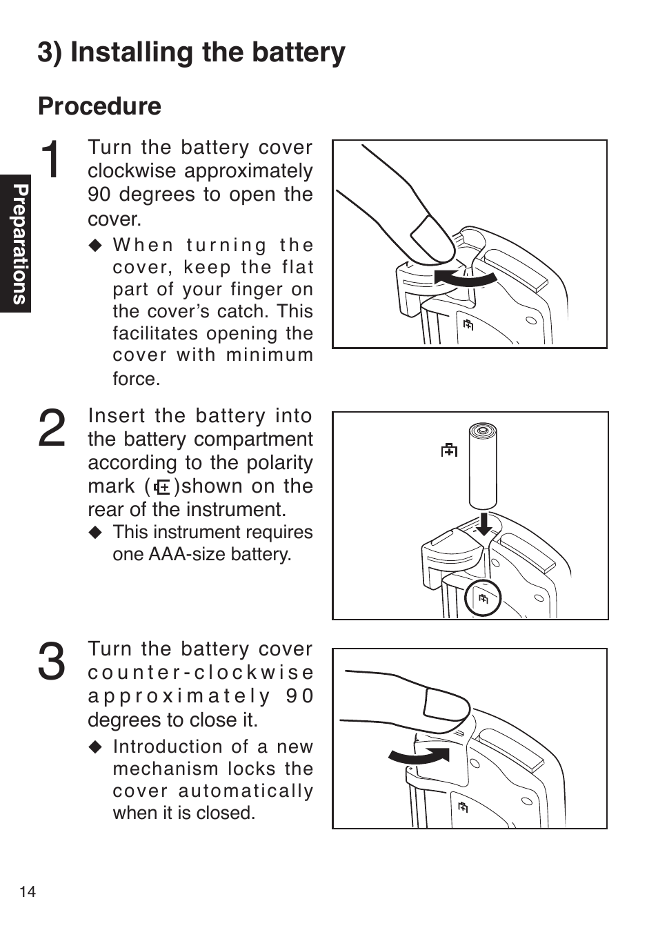 3) installing the battery, Procedure | Konica Minolta Oxegen Saturation Monitor PULSOX-300 User Manual | Page 16 / 32