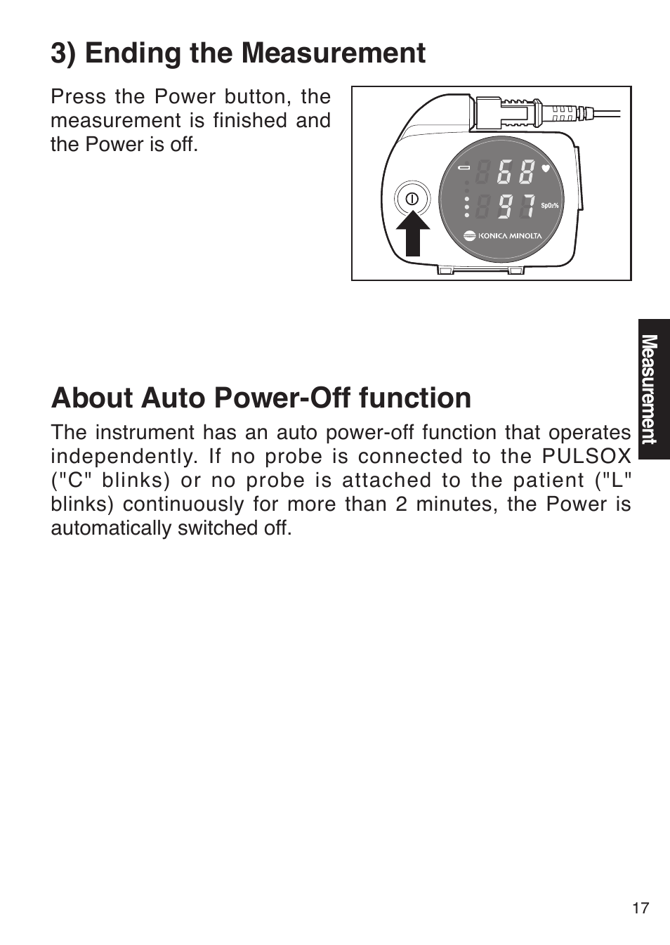 3) ending the measurement, About auto power-off function | Konica Minolta Oxegen Saturation Monitor PULSOX-300 User Manual | Page 19 / 32