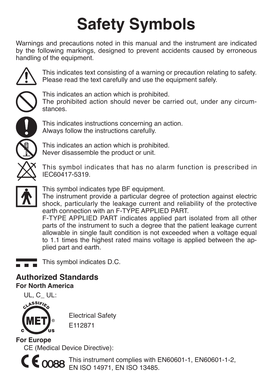 Safety symbols, Authorized standards | Konica Minolta Oxegen Saturation Monitor PULSOX-300 User Manual | Page 2 / 32