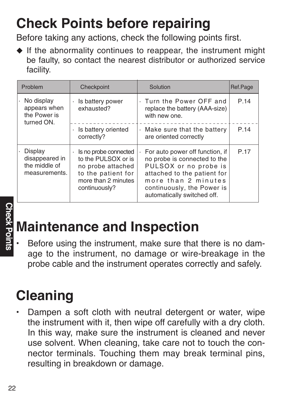 Check points before repairing, Maintenance and inspection, Cleaning | Check points | Konica Minolta Oxegen Saturation Monitor PULSOX-300 User Manual | Page 24 / 32