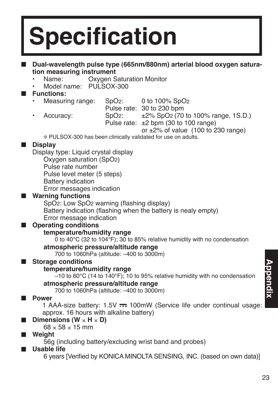 Specification, Appendix | Konica Minolta Oxegen Saturation Monitor PULSOX-300 User Manual | Page 25 / 32