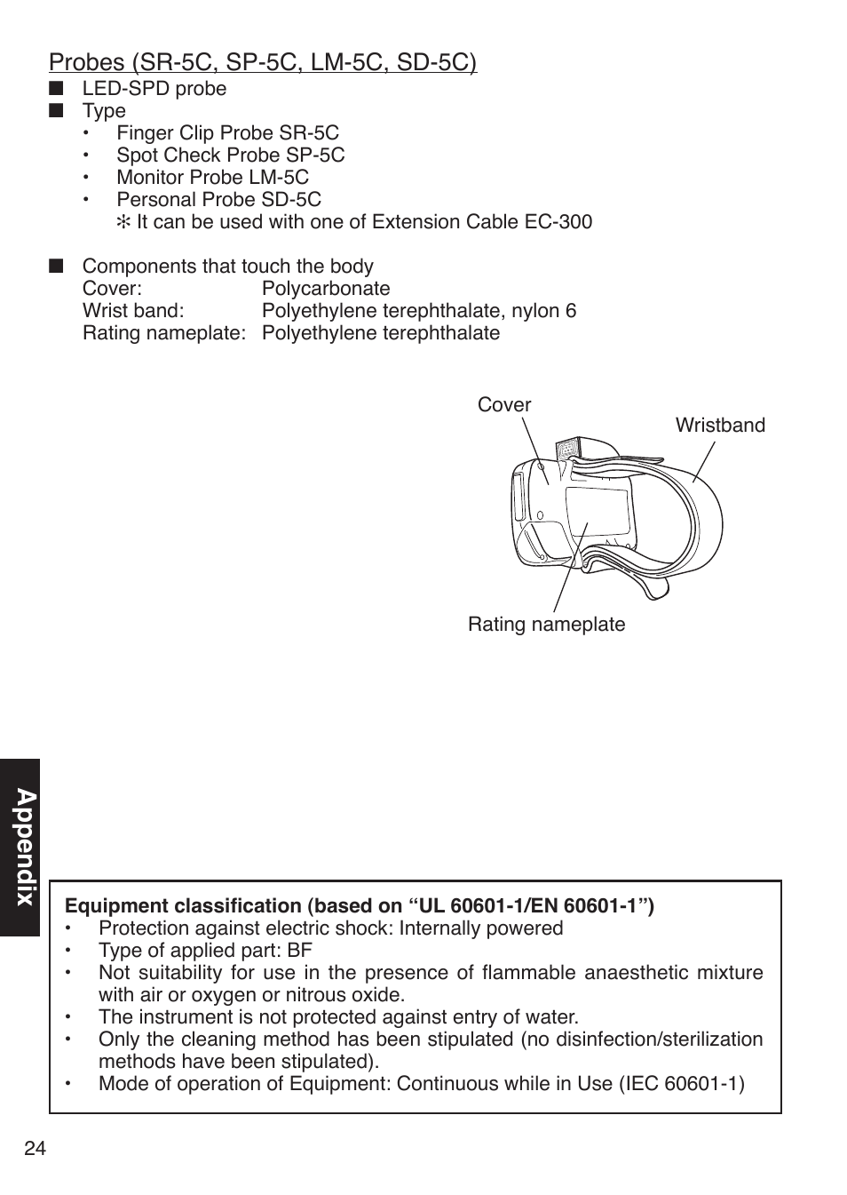 Appendix, Probes (sr-5c, sp-5c, lm-5c, sd-5c) | Konica Minolta Oxegen Saturation Monitor PULSOX-300 User Manual | Page 26 / 32