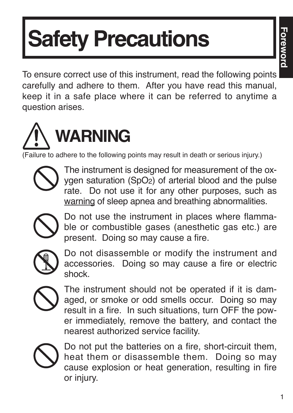 Safety precautions, Warning | Konica Minolta Oxegen Saturation Monitor PULSOX-300 User Manual | Page 3 / 32