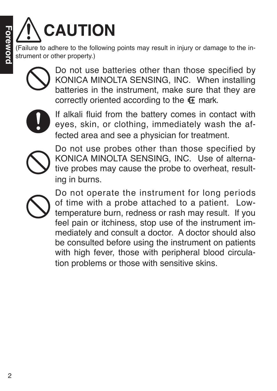 Caution | Konica Minolta Oxegen Saturation Monitor PULSOX-300 User Manual | Page 4 / 32