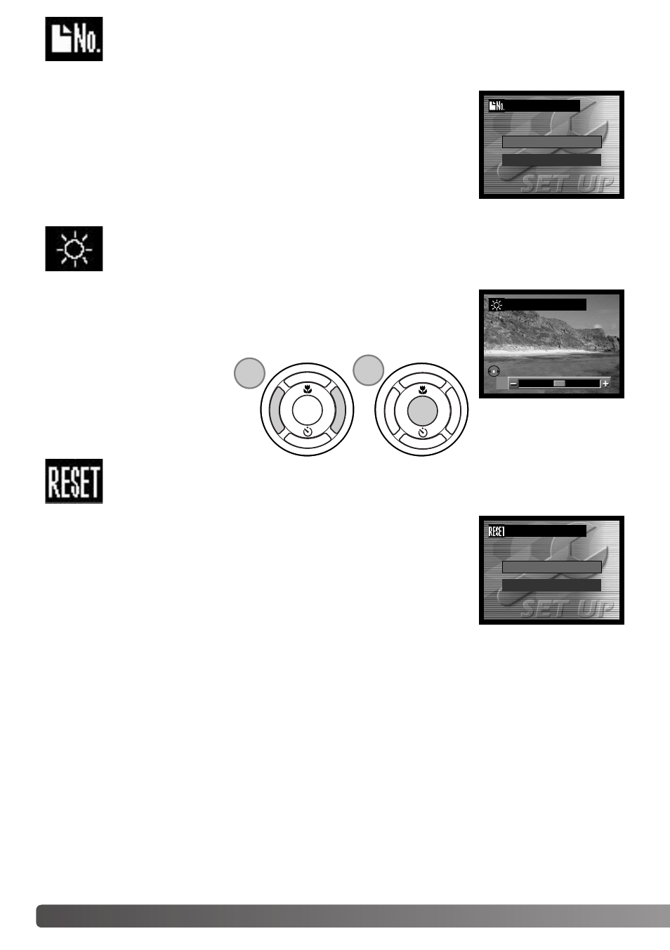 File number reset lcd brightness reset settings, Reset settings, File number reset | Lcd brightness | Konica Minolta DiMAGE E323 User Manual | Page 68 / 96