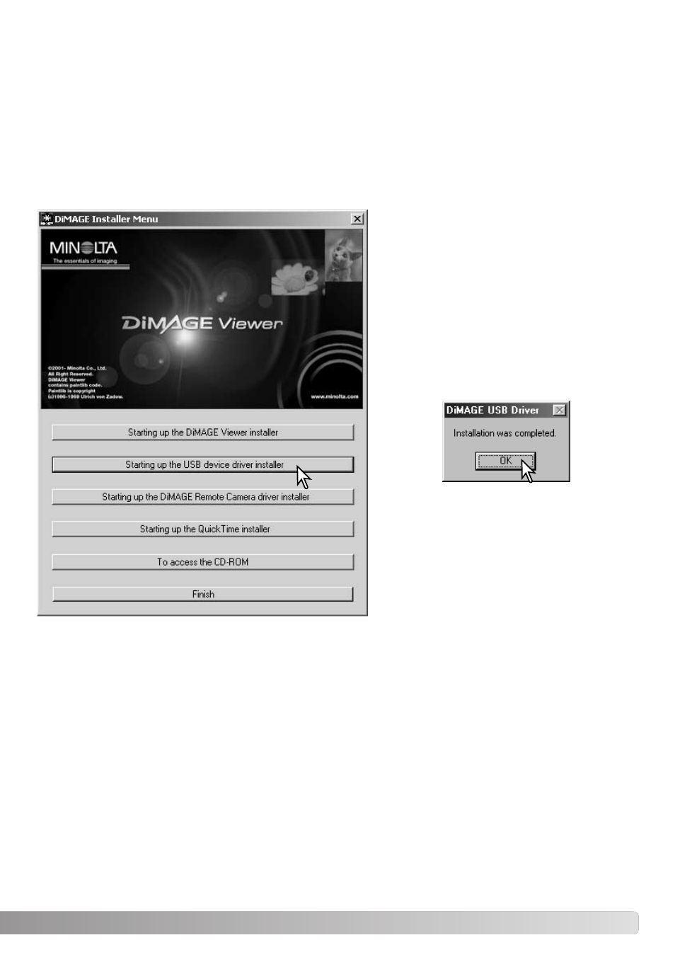 Connecting to windows 98 and 98se, Automatic installation | Konica Minolta DiMAGE E323 User Manual | Page 73 / 96