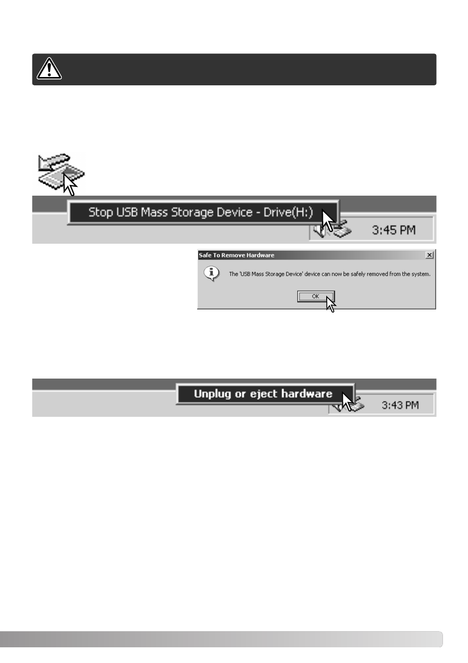 Disconnecting the camera from a computer, Windows 98 / 98 second edition | Konica Minolta DiMAGE E323 User Manual | Page 79 / 96