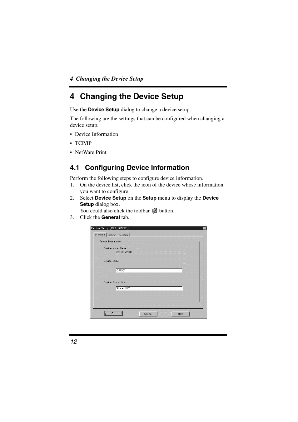 4 changing the device setup, 1 configuring device information, Configuring device information | Konica Minolta PageScope User Manual | Page 17 / 47