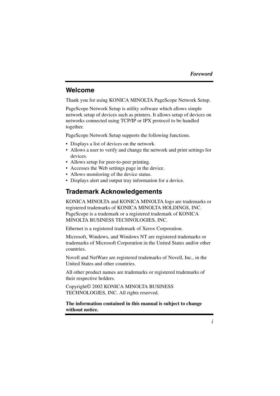 Welcome, Trademark acknowledgements | Konica Minolta PageScope User Manual | Page 2 / 47