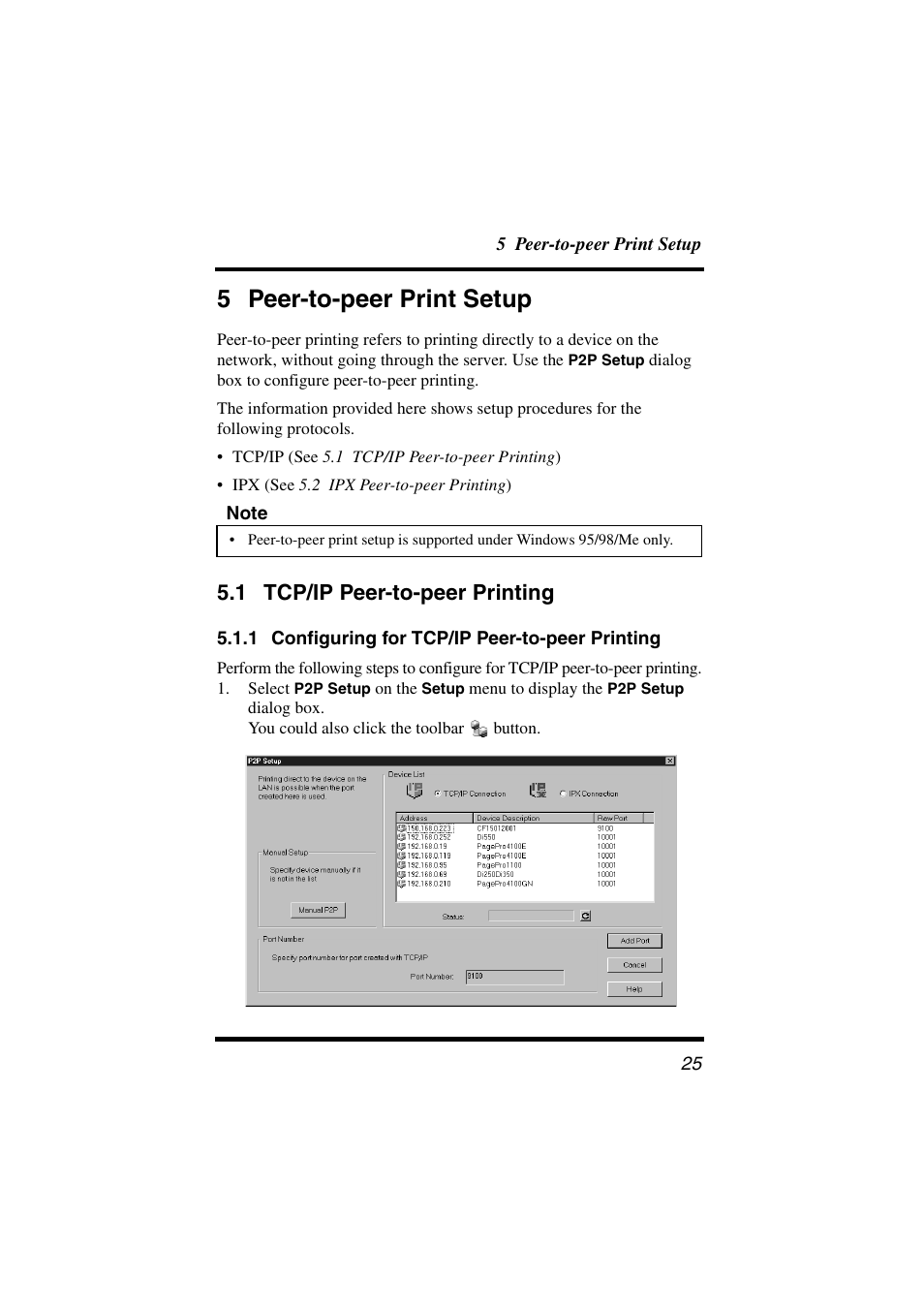 5 peer-to-peer print setup, 1 tcp/ip peer-to-peer printing, 1 configuring for tcp/ip peer-to-peer printing | Tcp/ip peer-to-peer printing, 1 configuring for tcp/ip peer-to-peer, Printing | Konica Minolta PageScope User Manual | Page 30 / 47