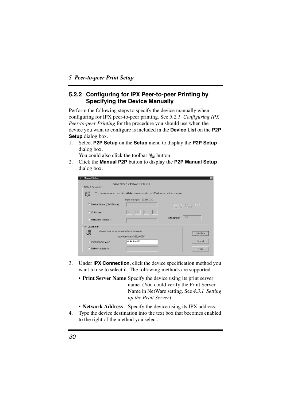 2 configuring for ipx peer-to-peer, Printing by specifying the device manually | Konica Minolta PageScope User Manual | Page 35 / 47