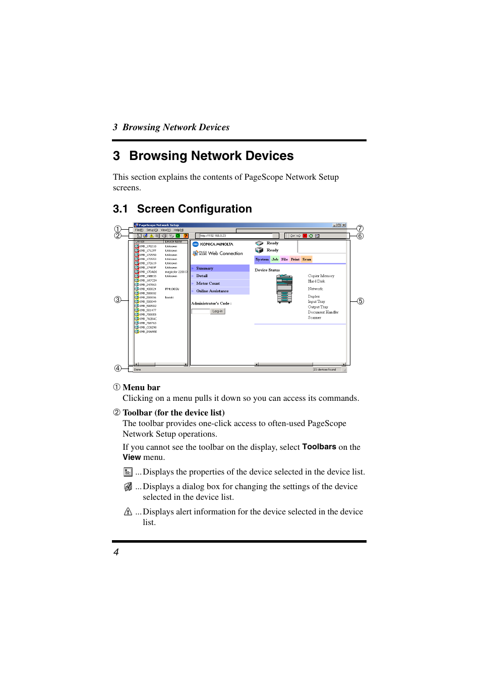 3 browsing network devices, 1 screen configuration, Screen configuration | Konica Minolta PageScope User Manual | Page 9 / 47