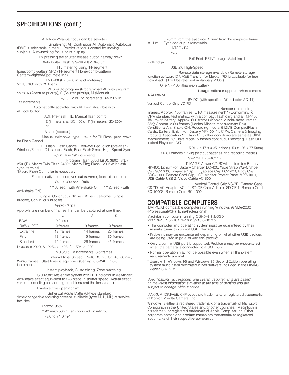 Specifications (cont.), Compatible computers | Konica Minolta 7D User Manual | Page 2 / 7