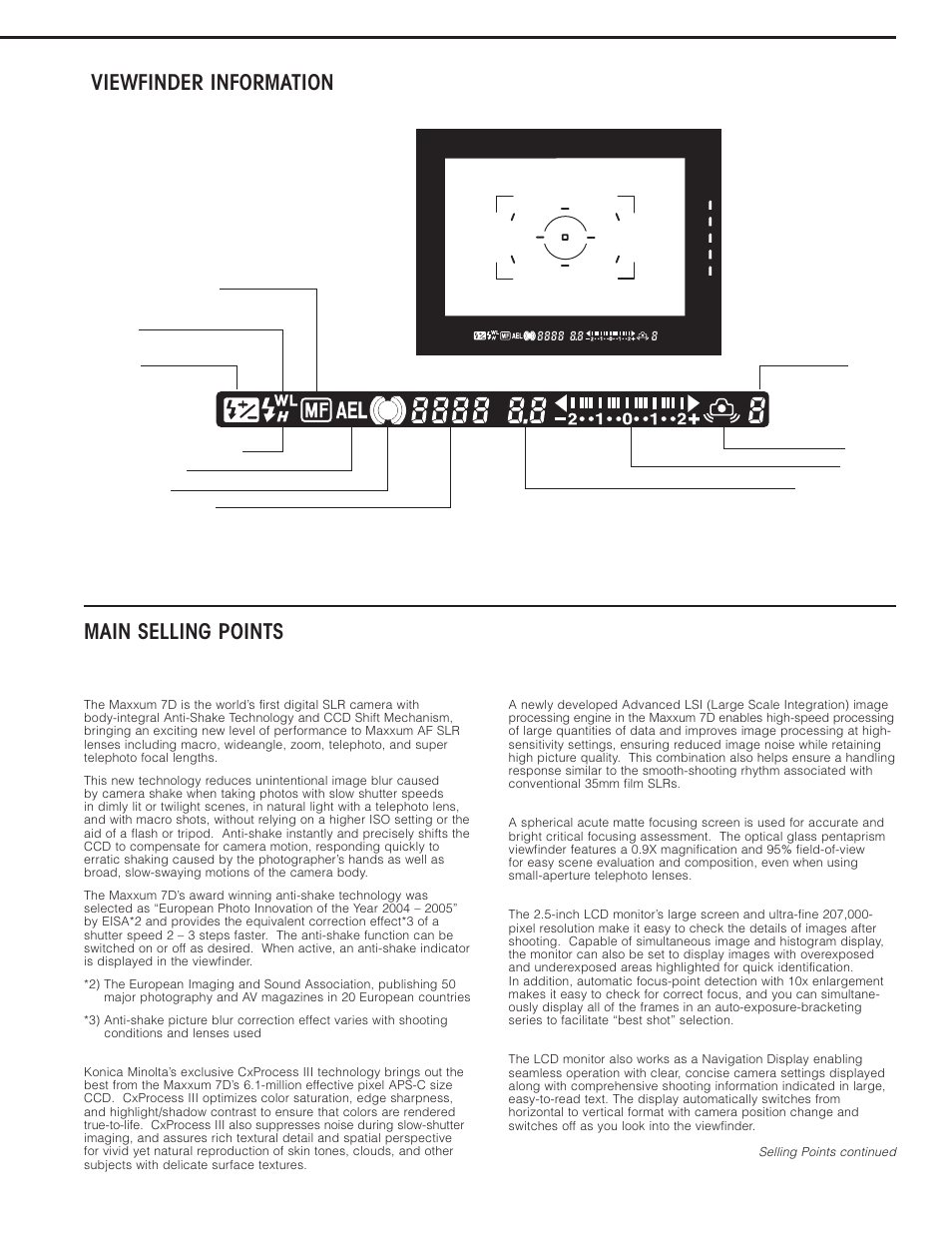 Main selling points, Viewfinder information | Konica Minolta 7D User Manual | Page 5 / 7