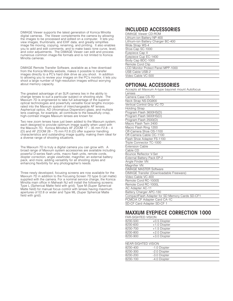 Included accessories, Optional accessories, Maxxum eyepiece correction 1000 | Konica Minolta 7D User Manual | Page 7 / 7