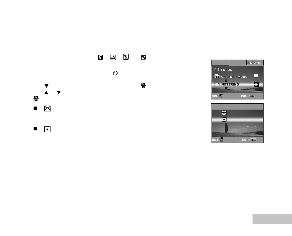 Selecting the metering mode | Konica Minolta E500 User Manual | Page 36 / 76