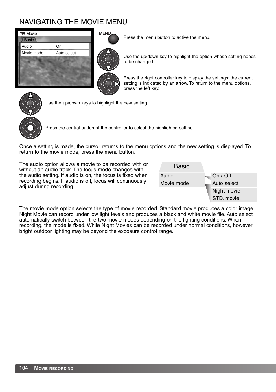 Navigating the movie menu, Basic | Konica Minolta MM-A208 User Manual | Page 104 / 156