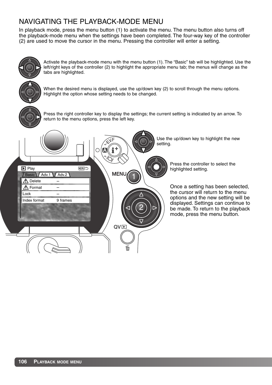 Playback mode menu, Navigating the playback-mode menu | Konica Minolta MM-A208 User Manual | Page 106 / 156
