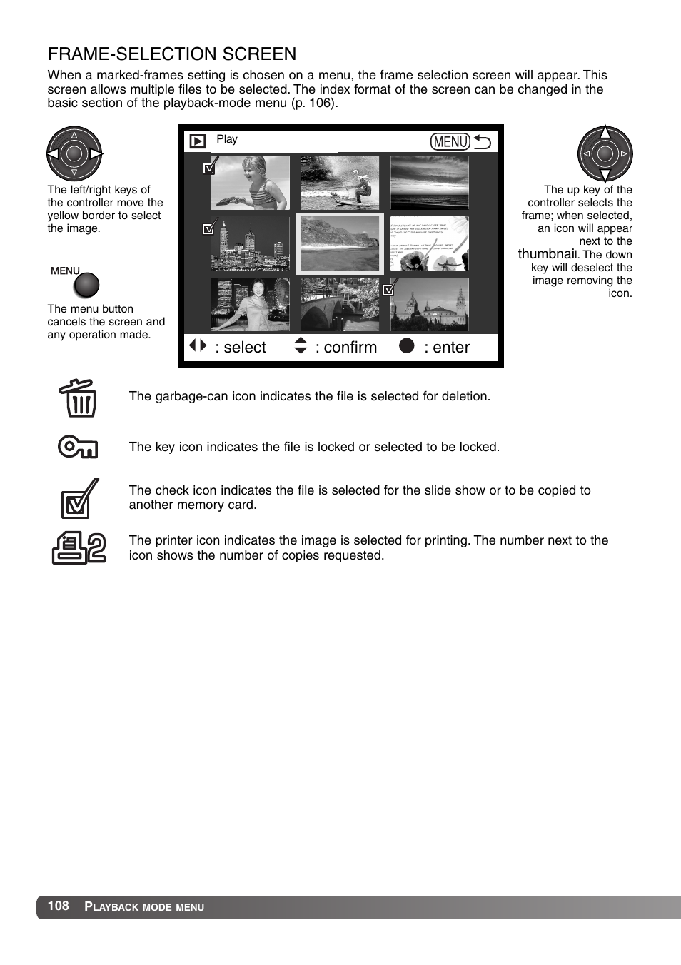 Frame selection screen, Frame-selection screen, Select : confirm : enter | Konica Minolta MM-A208 User Manual | Page 108 / 156