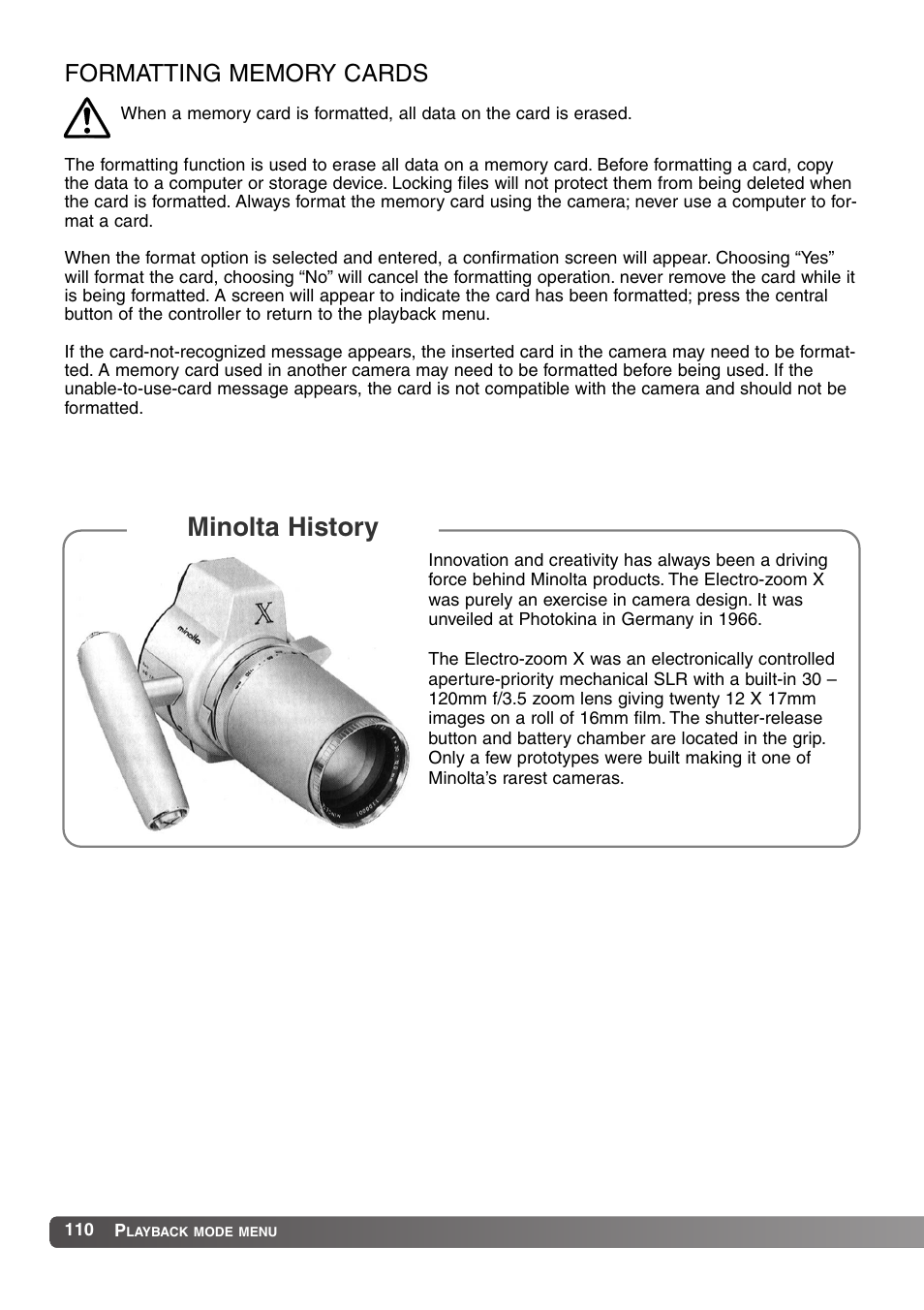 Formatting memory cards, Minolta history | Konica Minolta MM-A208 User Manual | Page 110 / 156