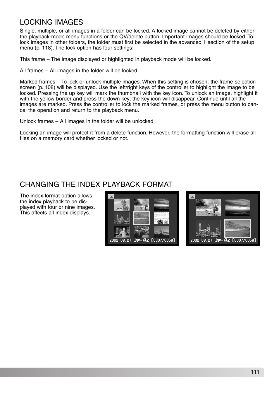 Locking images changing the index playback format, Changing the index playback format locking images | Konica Minolta MM-A208 User Manual | Page 111 / 156