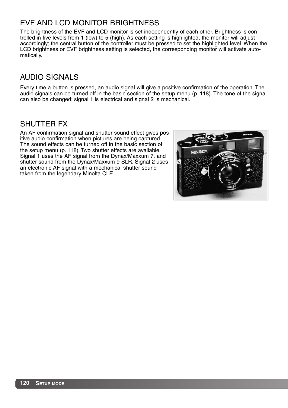 Evf and lcd monitor brightness, Shutter fx, Audio signals | Konica Minolta MM-A208 User Manual | Page 120 / 156