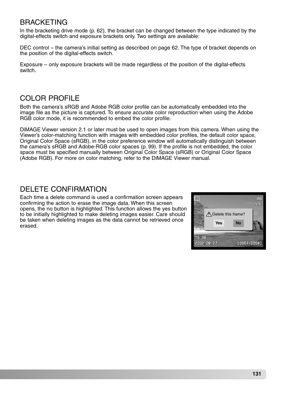 Bracketing color profile delete confirmation, Bracketing, Color profile | Delete confirmation | Konica Minolta MM-A208 User Manual | Page 131 / 156